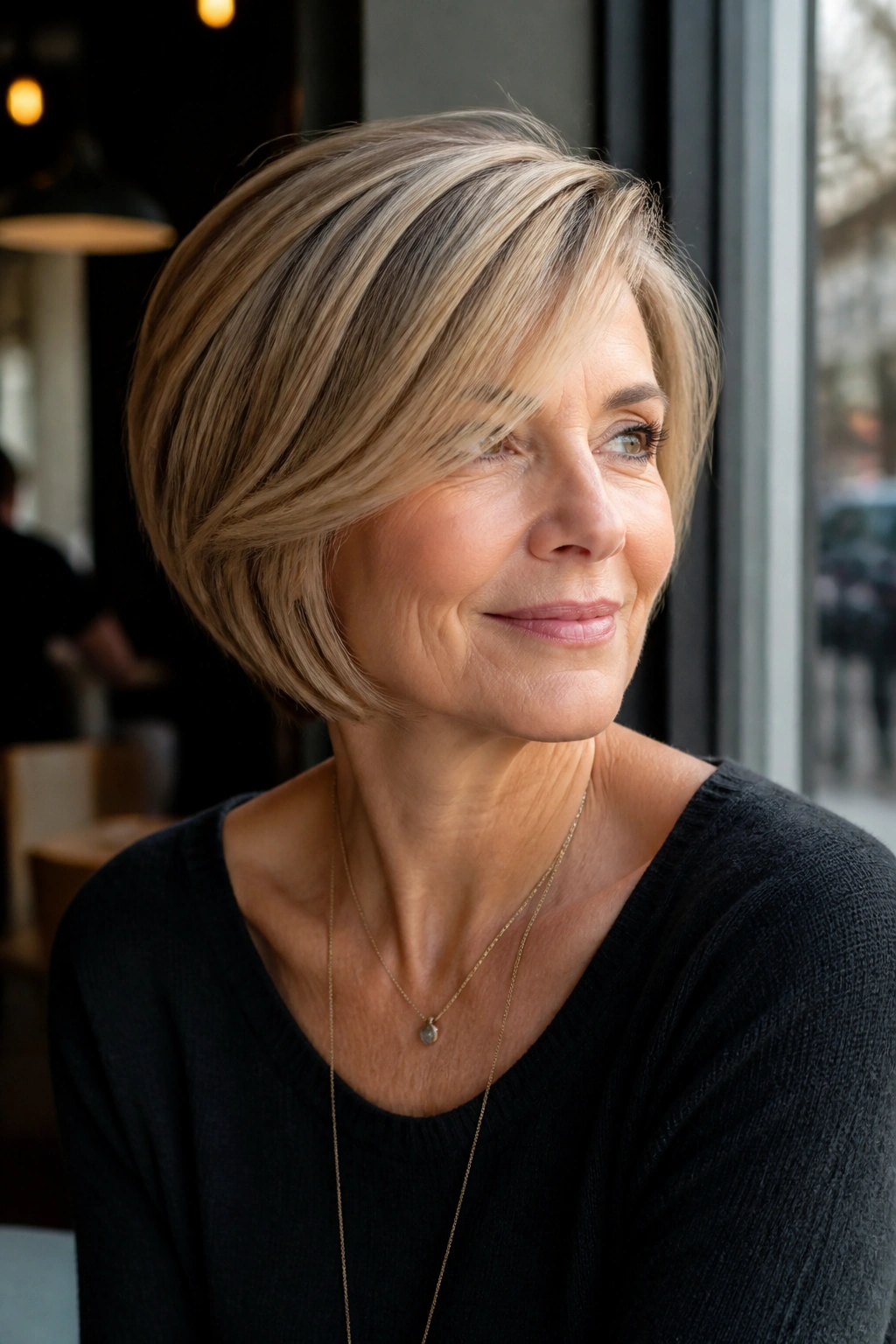 Real woman with side-parted bob swept across the forehead.