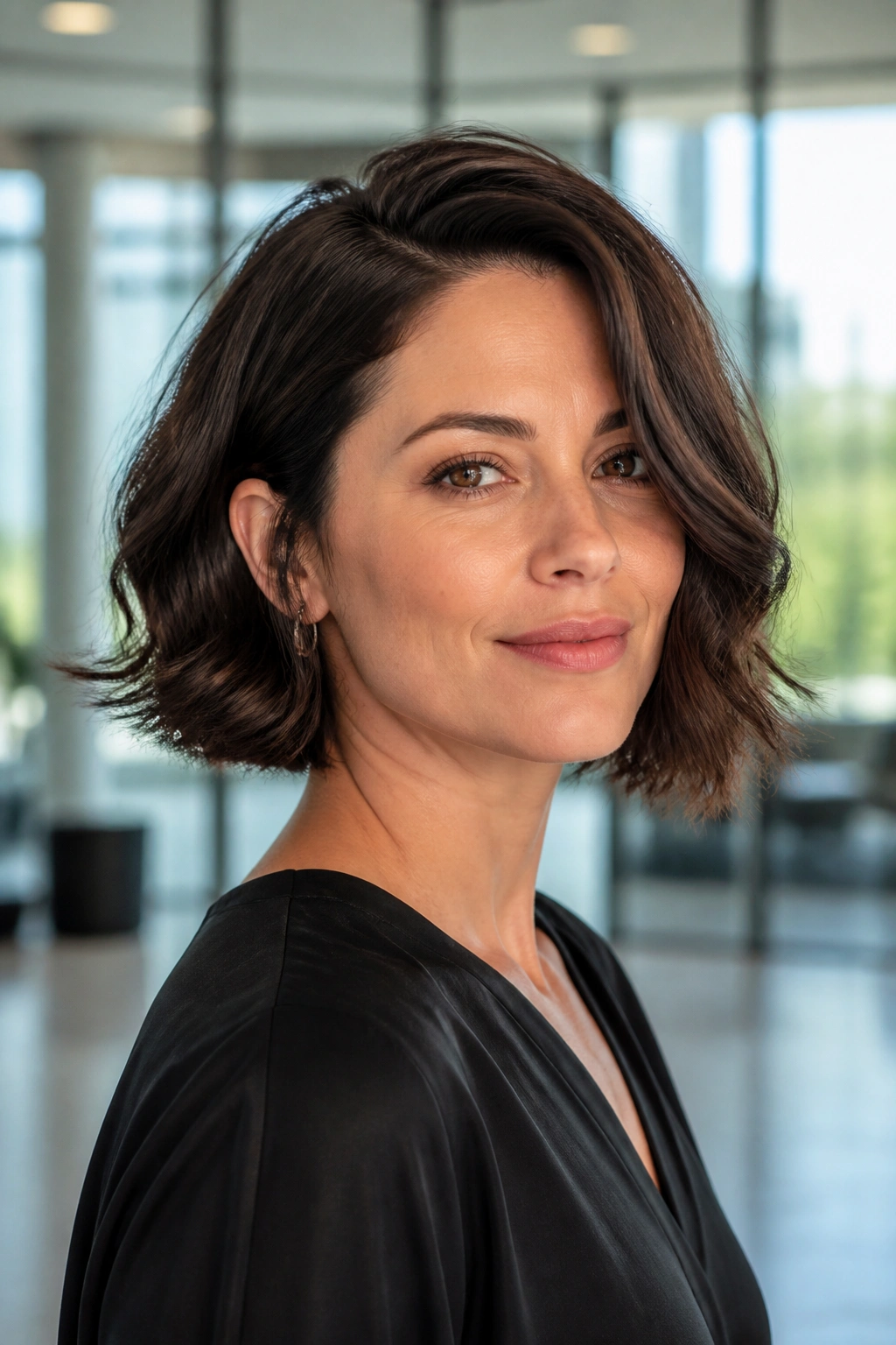 Real woman with side-parted classic bob in a bright office lobby
