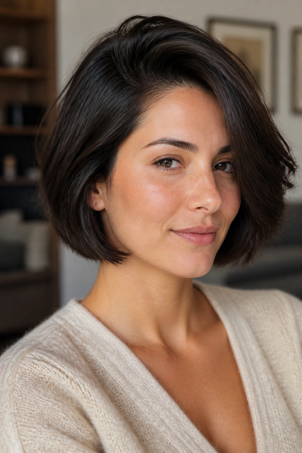 Close-up portrait of a woman with a deep side-parted thick chin-length cut, hair framing the face.