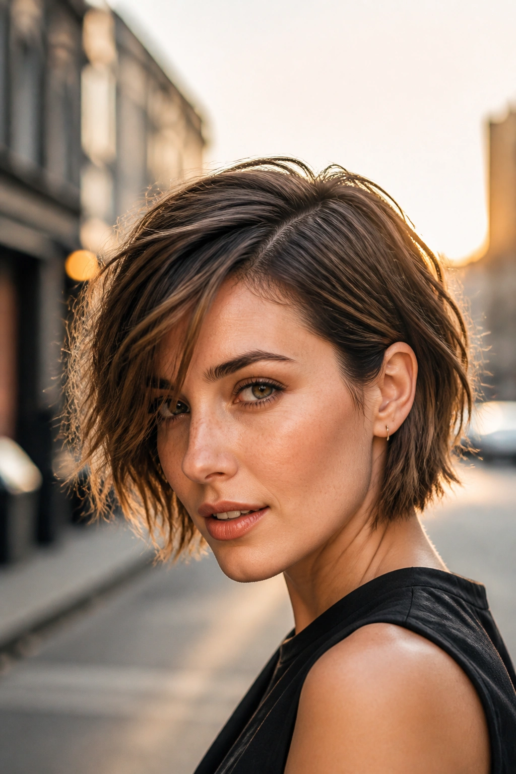 Close-up of real woman with side-parted choppy bob in golden hour light
