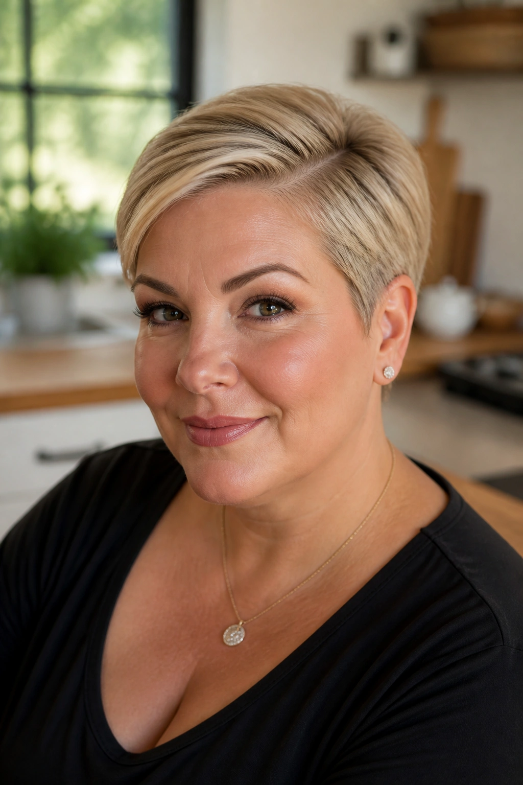Close-up portrait of a real woman with side-parted classic pixie in sunlit kitchen