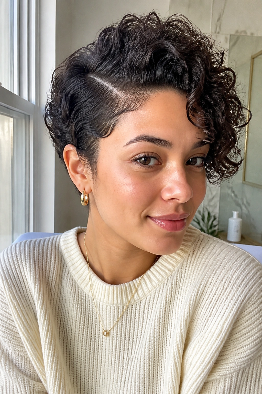 Real person with side-parted crop and lifted front curls