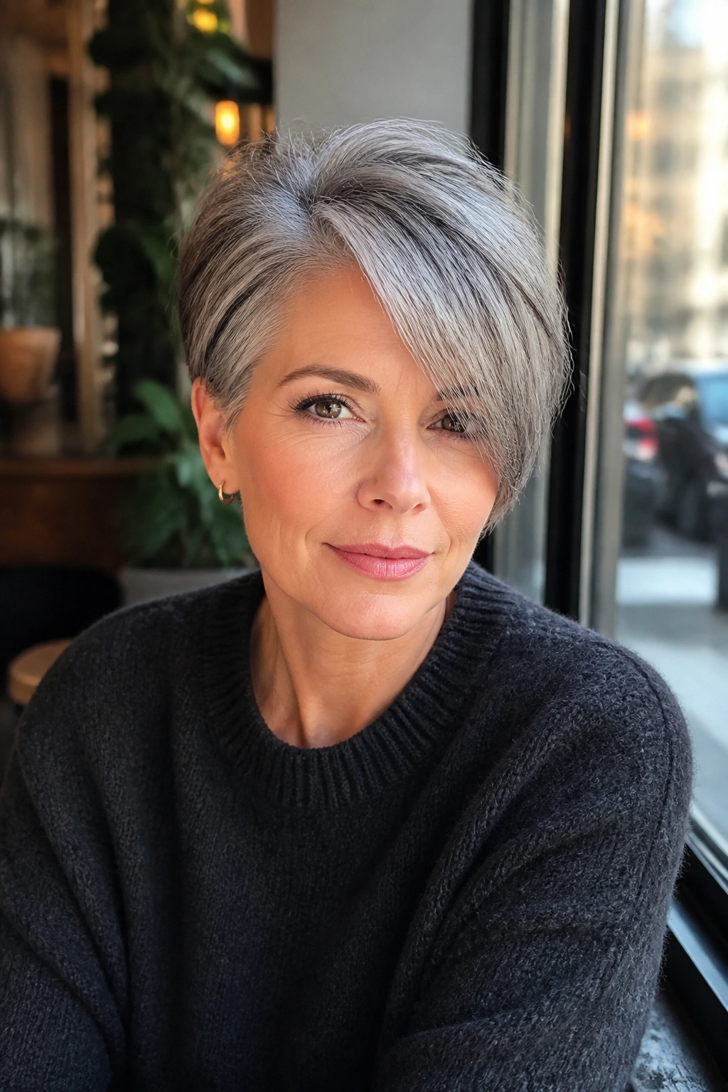 Portrait of a real woman with a side-parted crop and long fringe in salt-and-pepper hair.