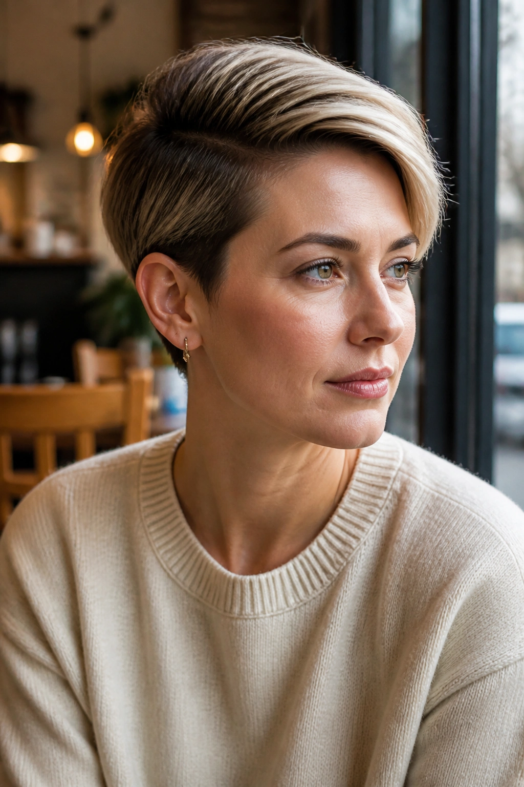 Close-up of a real woman with a side-parted crop in cafe light.