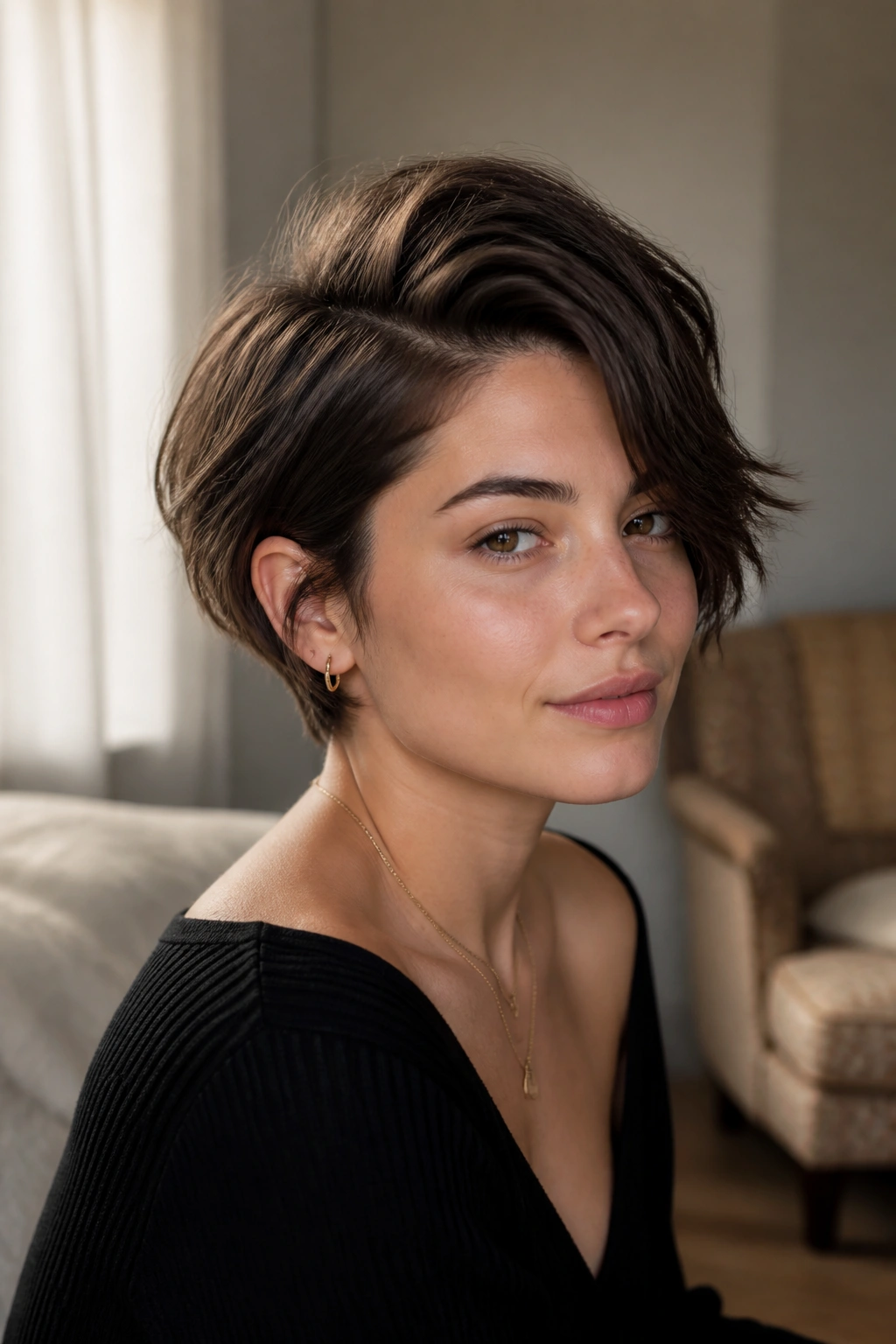 Close-up portrait of woman with side-parted crop for thick hair, off-center part and soft framing