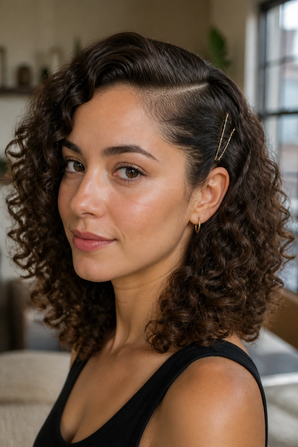 Close-up of a real woman with side-parted curls pinned at the temple.