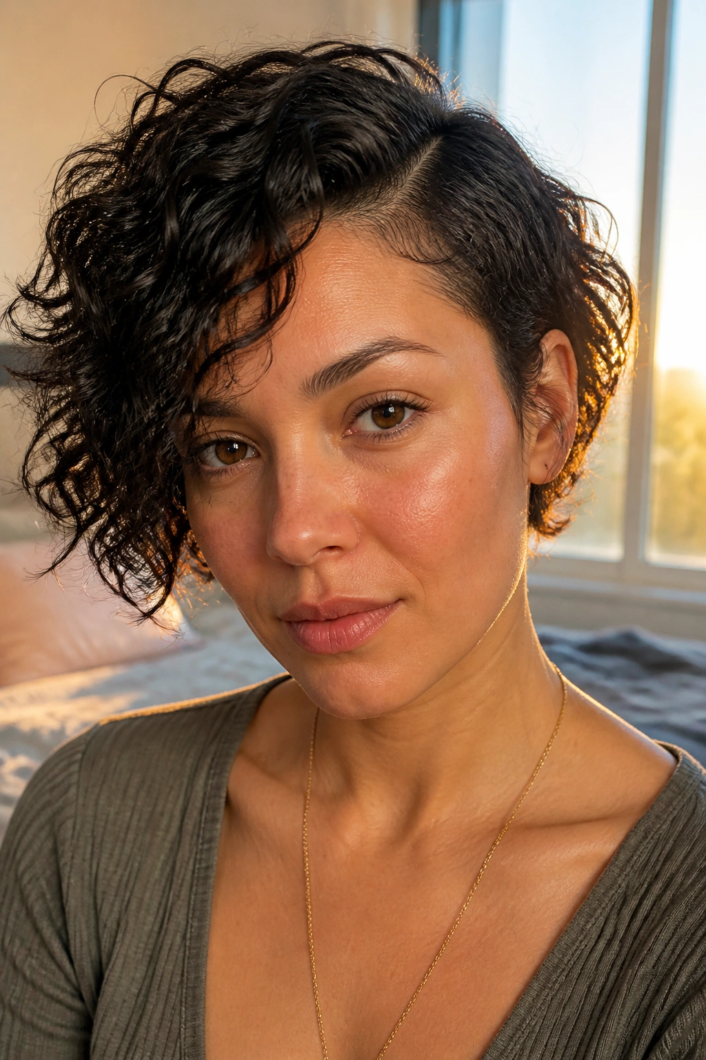 Close-up portrait of a real person with a side-parted curly crop in a sunlit bedroom