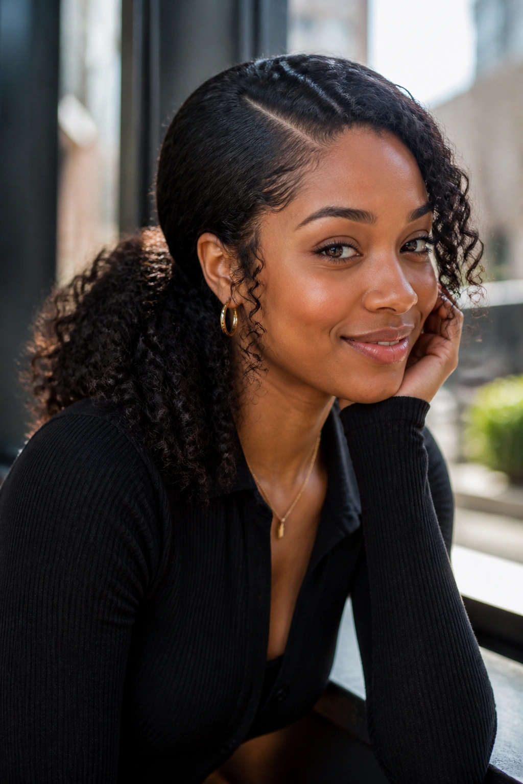 Close-up of side-parted curly ponytail showing defined curls.