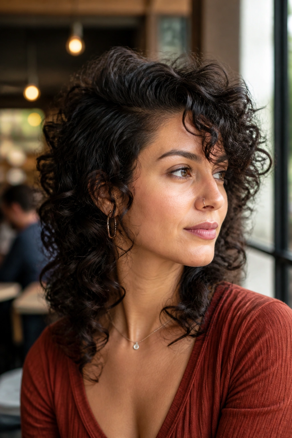 Side-profile of real person with side-parted curly wolf cut in cafe light