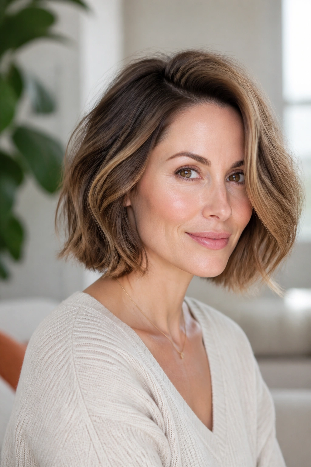 Close-up of a real woman with a side-parted fluffy bob in a cozy living room
