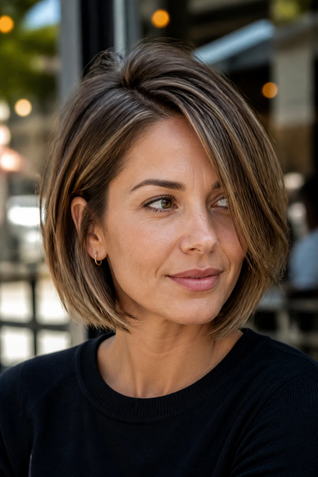 Close-up of a woman with a side-parted layered bob in an urban cafe