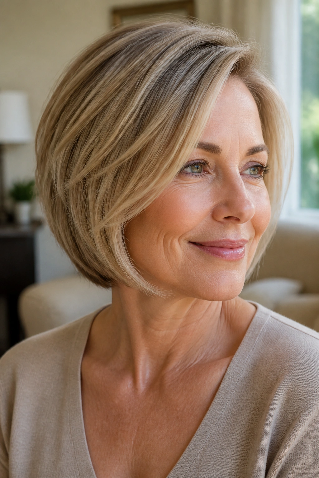 Real woman with side-parted layered bob and face-framing pieces.