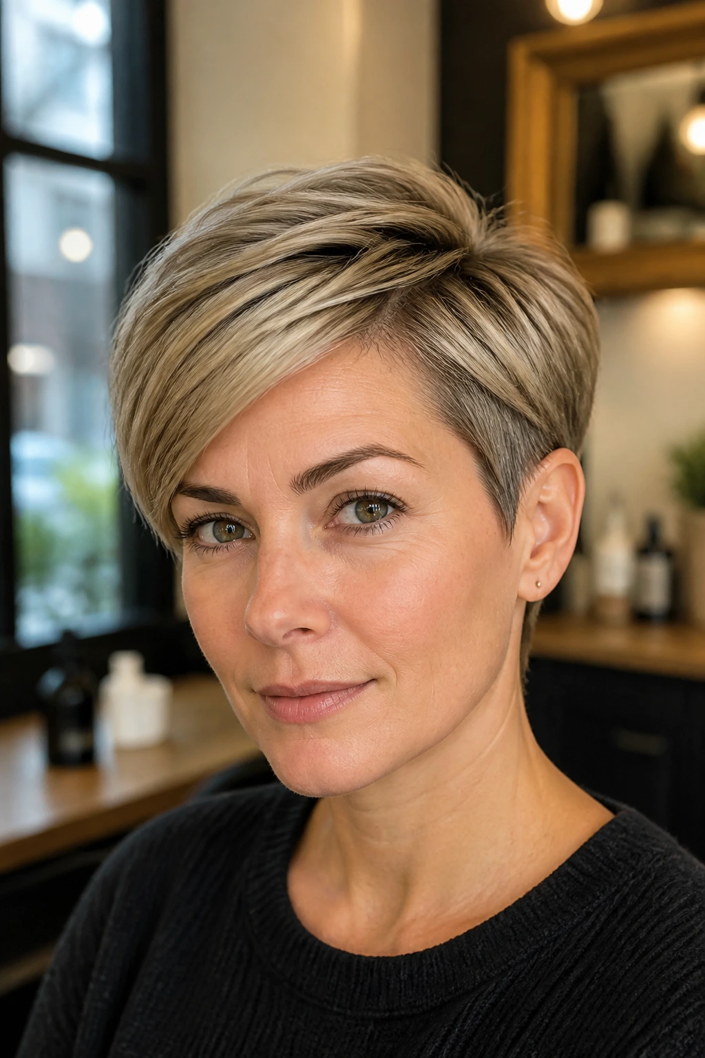 Close-up of a real person with a side-parted layered crop, soft top layers and clean sides