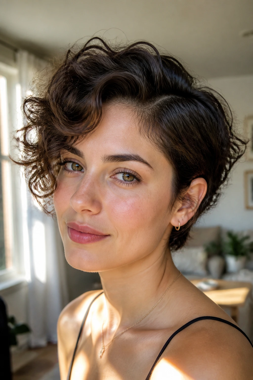 Close-up portrait of a woman with a deep side-parted layered crop in a sunny living room.