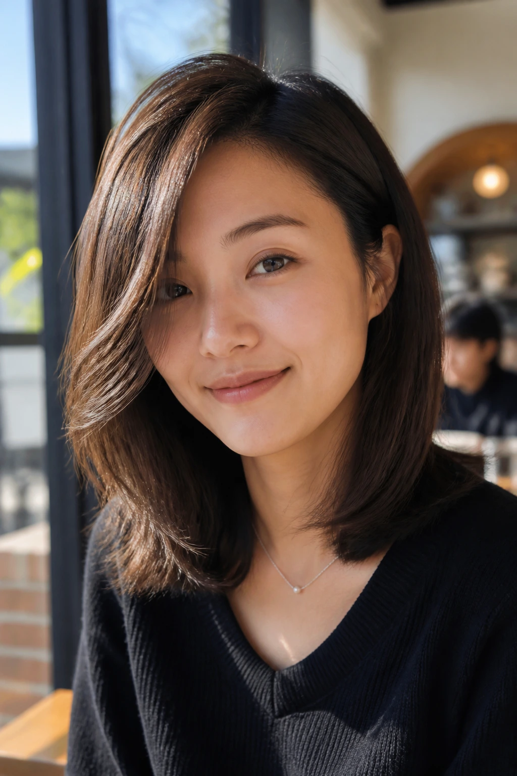 Portrait of a woman with a shoulder-length lob, layered, side-parted.