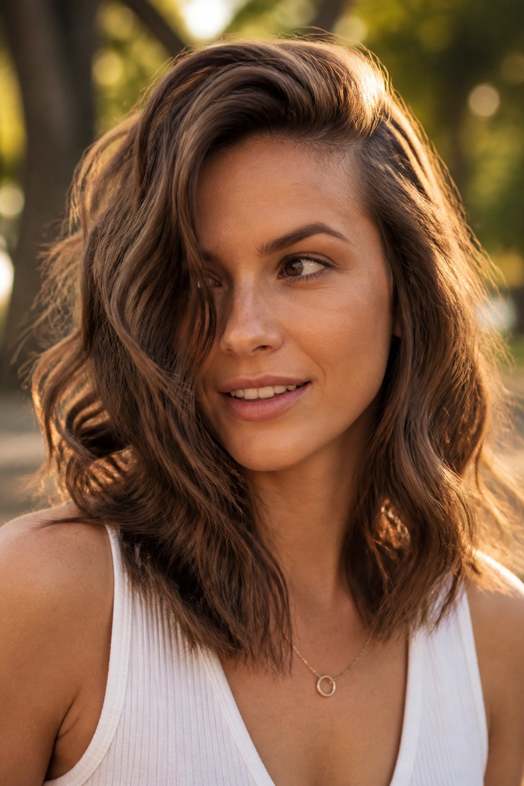 Close-up of side-parted loose waves outdoors at golden hour