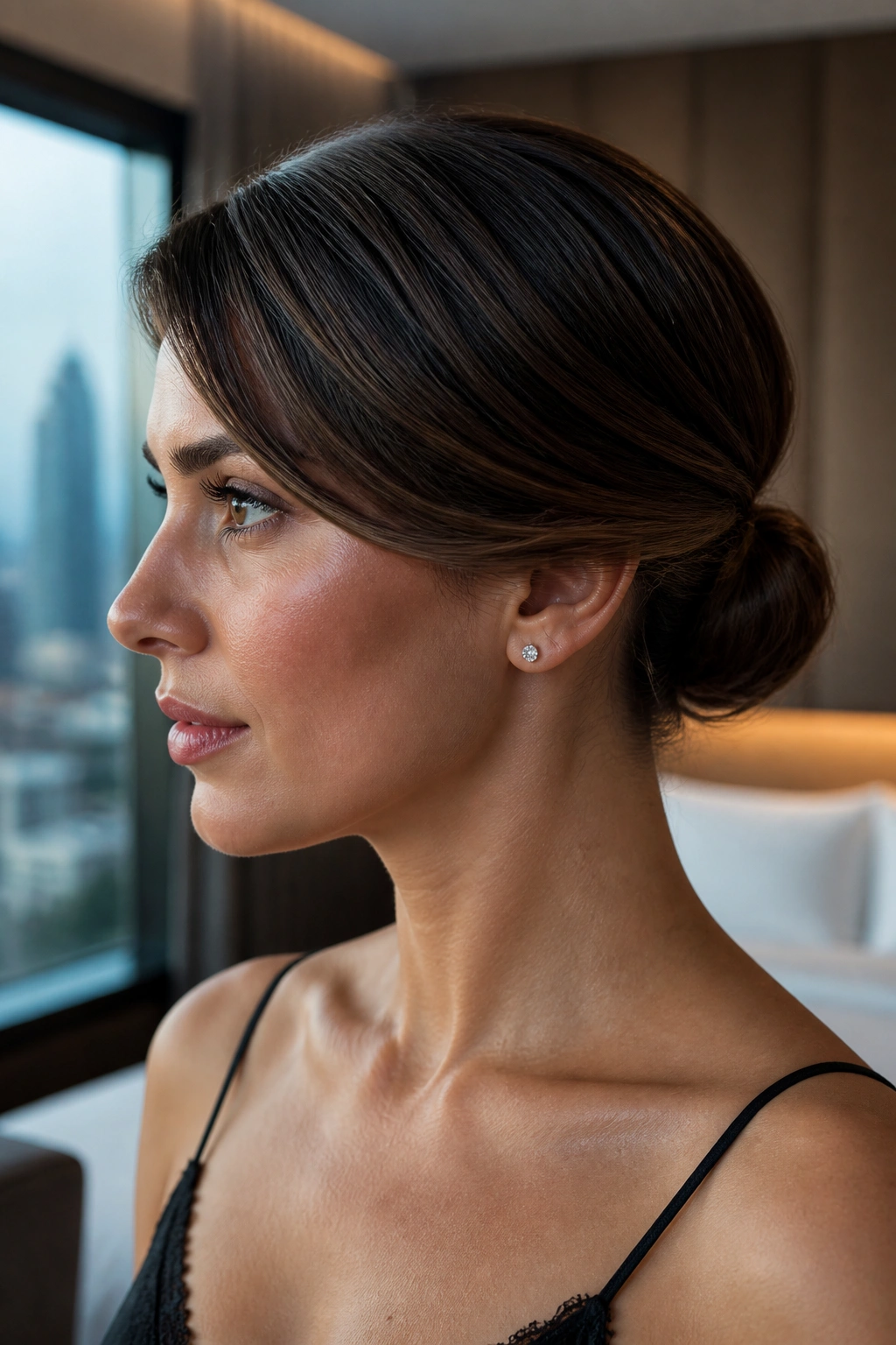 Close-up portrait of a real woman with a side-parted low bun sweep