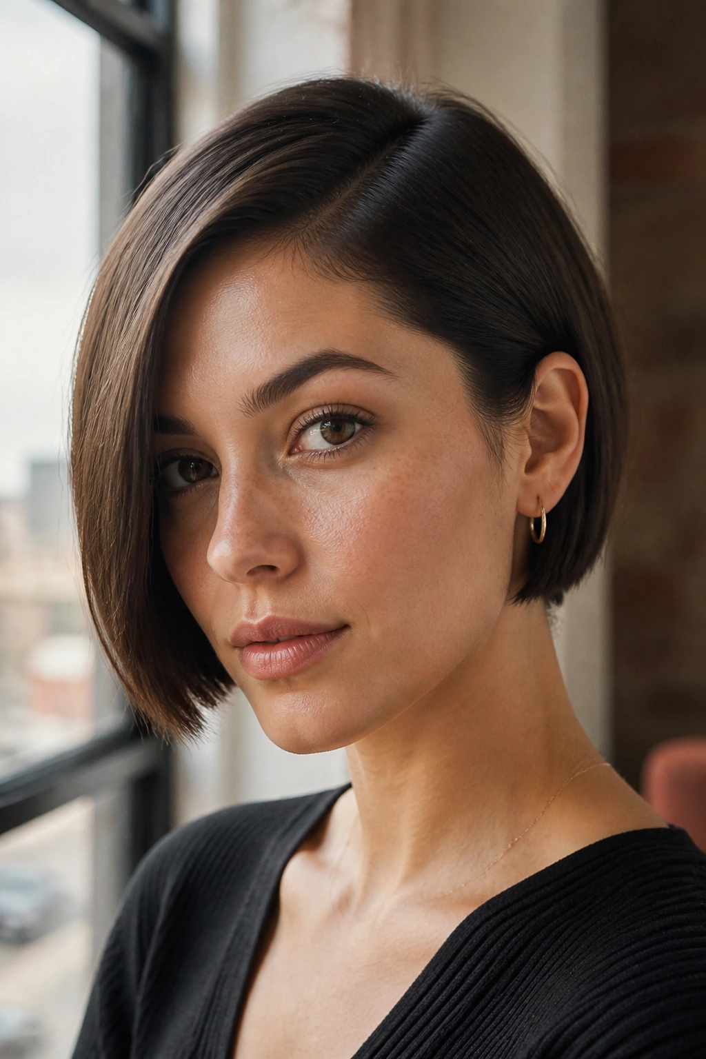 Real woman portrait with side-parted micro bob and deep side part