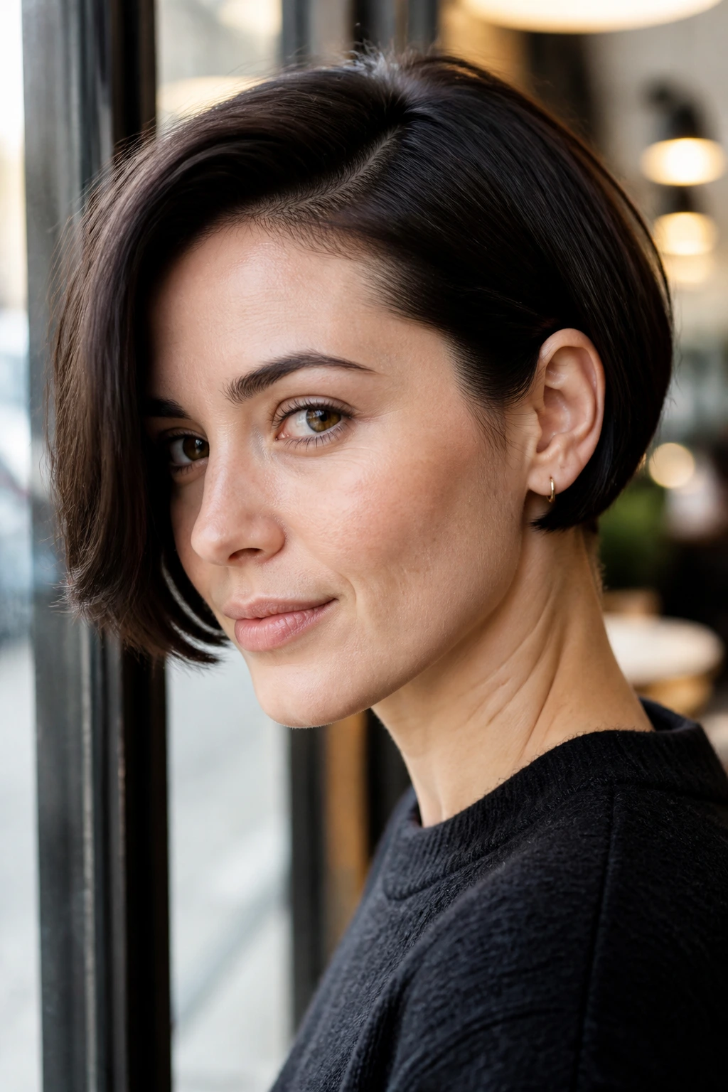 Portrait of a woman with a side-parted micro bob by a window