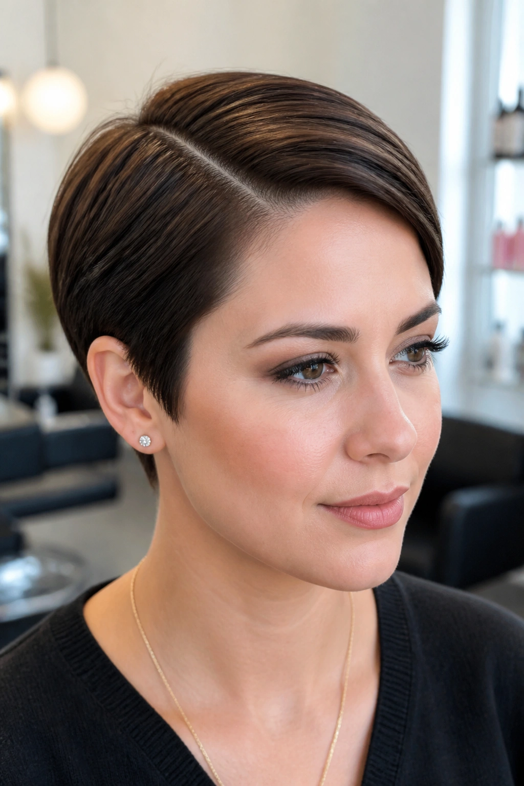 Portrait of a woman with a side-parted sleek pixie in a modern salon.