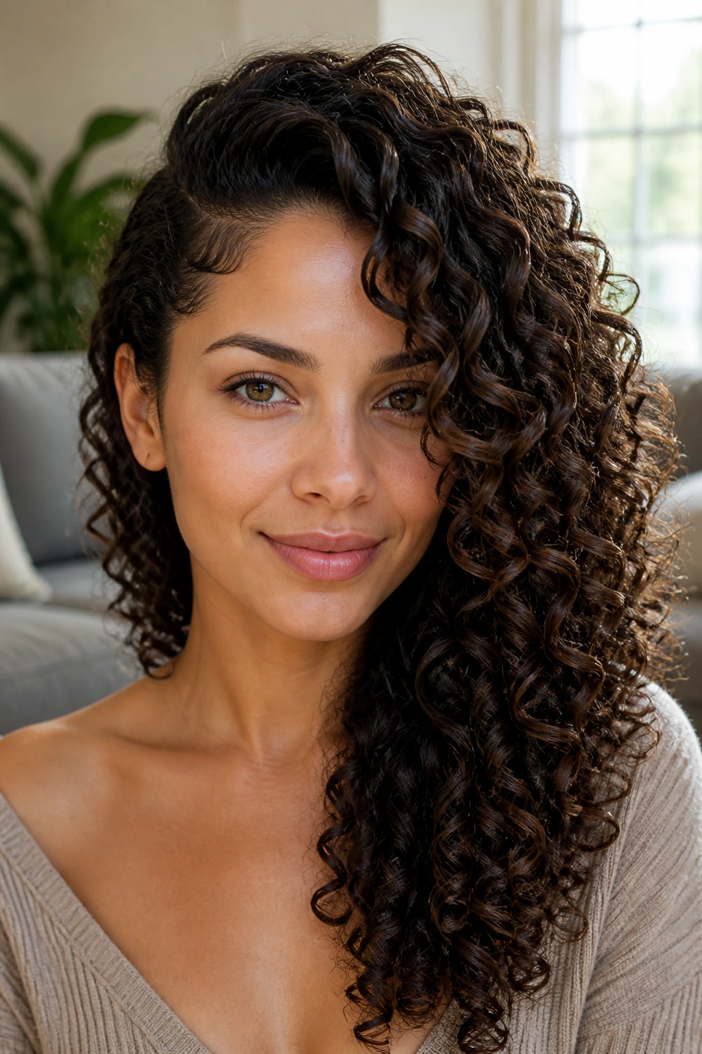 Close-up of a real woman with side-parted spiral curls in a living room