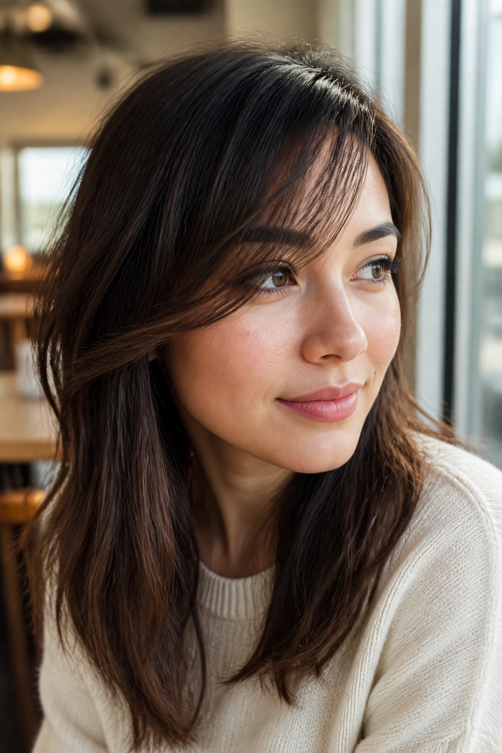 Close-up portrait of a real person with side-parted wispy bangs.