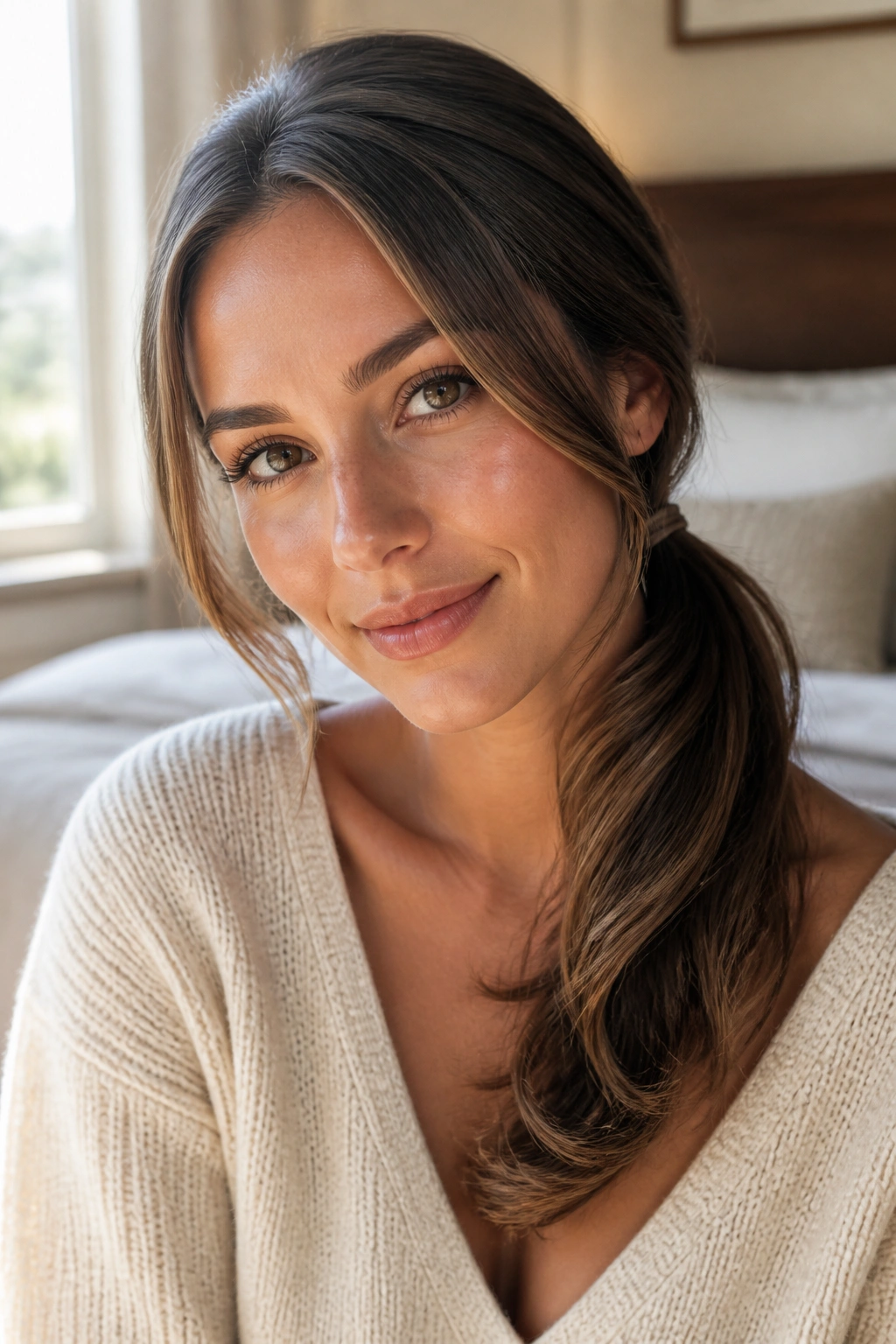 Close-up of a real woman's side ponytail with a soft bend over the shoulder in warm bedroom light.