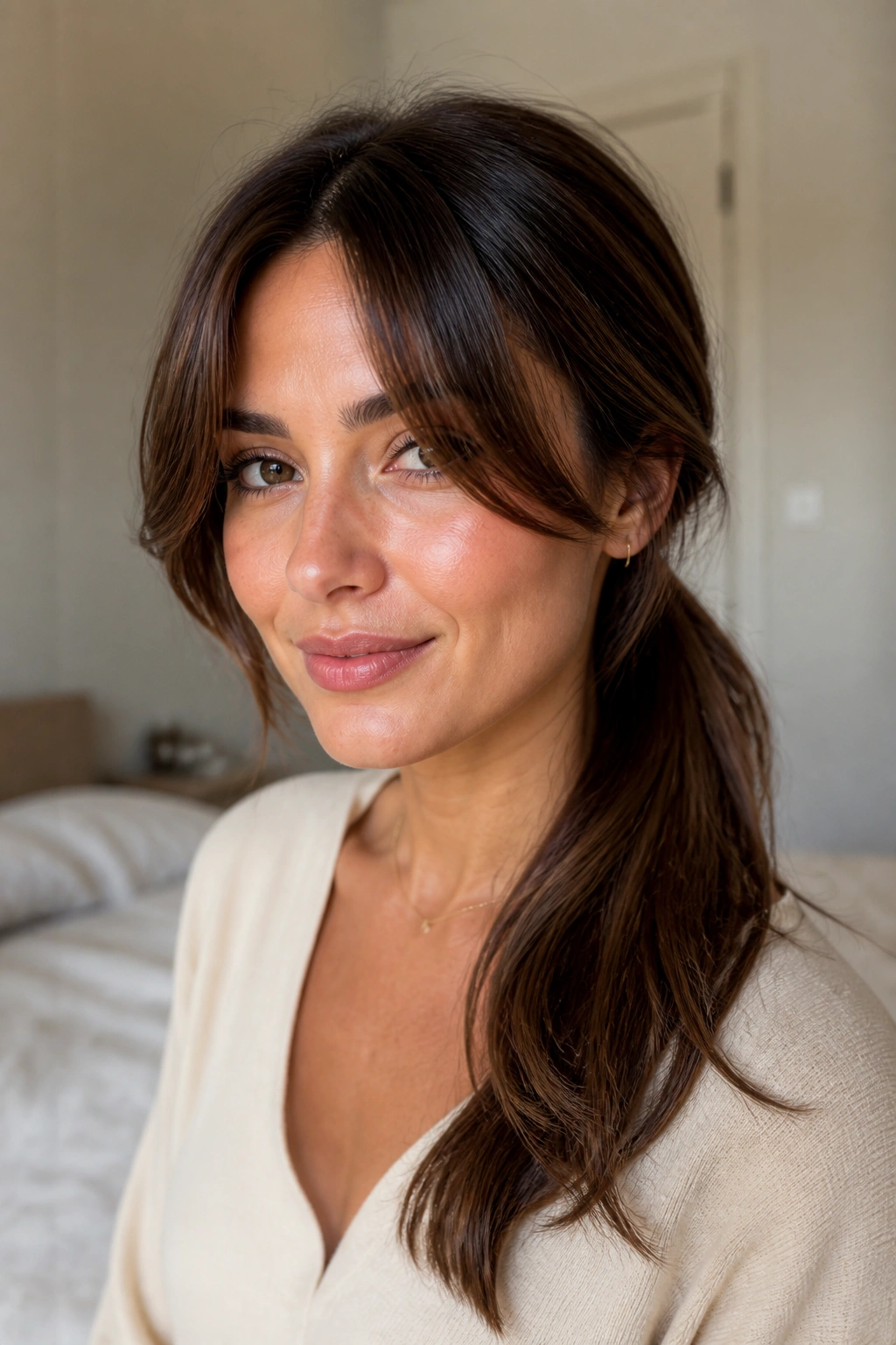 Close-up portrait of a real woman with a low side ponytail and curtain bangs, soft window light