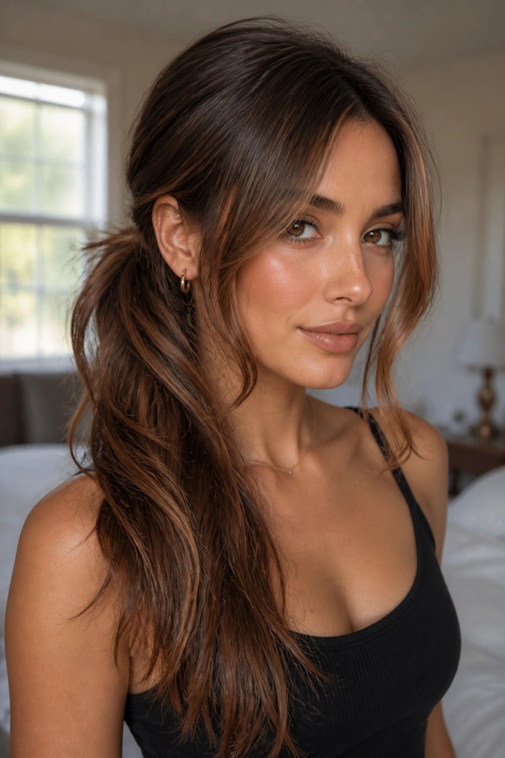 Close-up of a woman with a side ponytail and face-framing layers