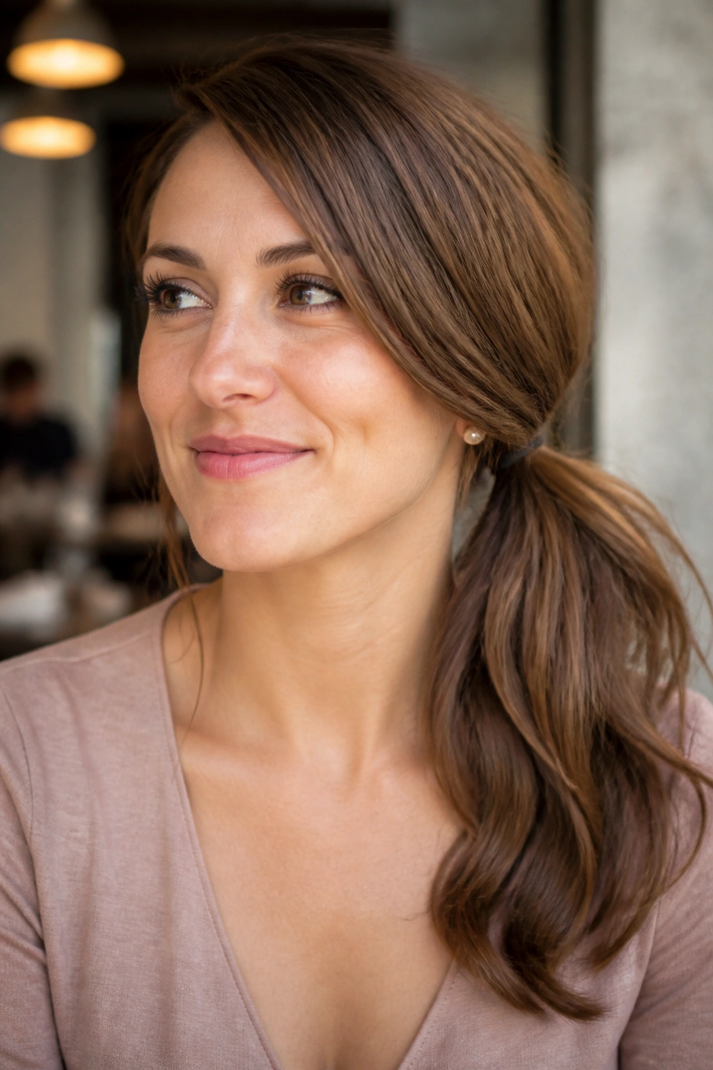 Close-up of real woman with side ponytail and soft lighting