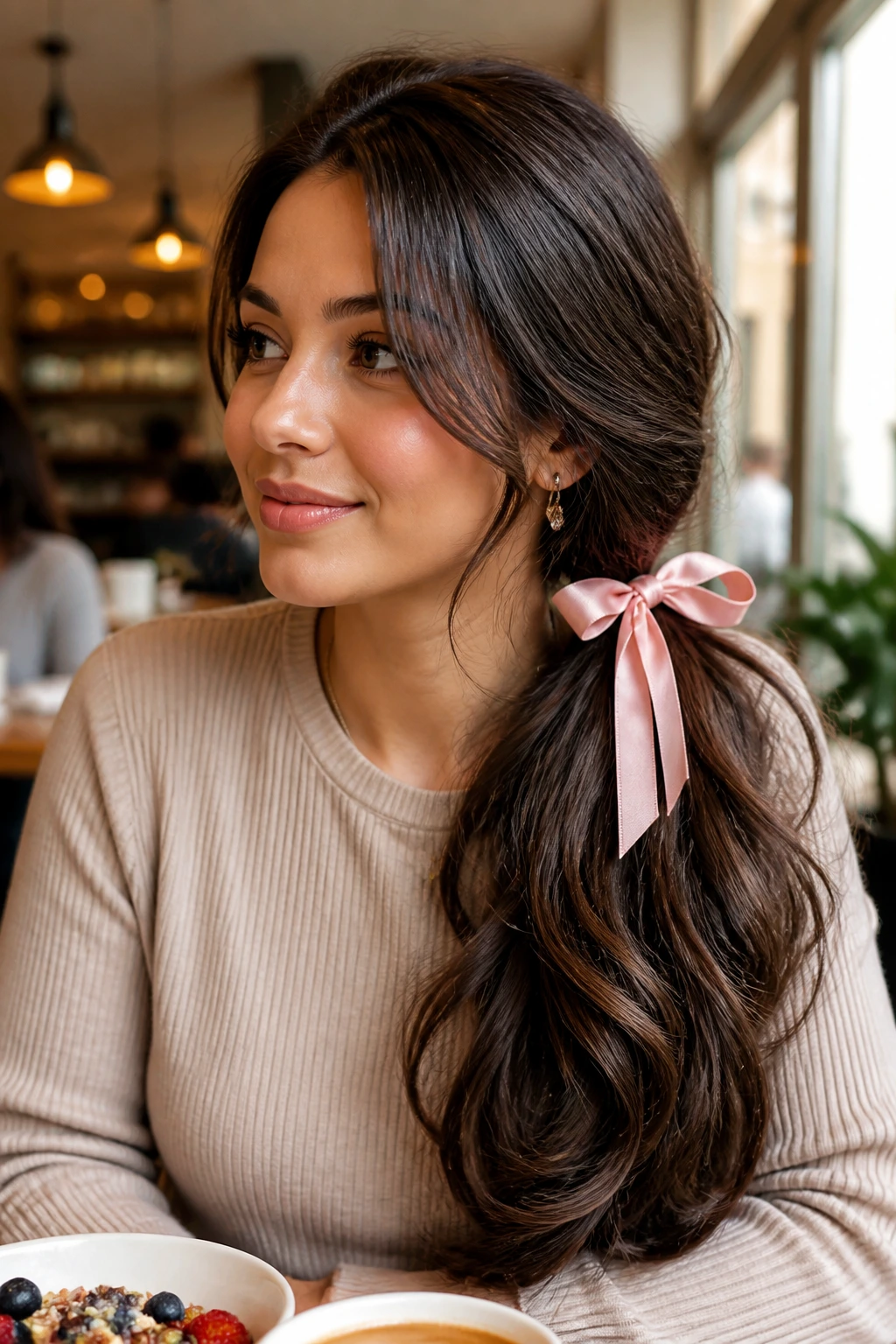 Close-up of real woman showing side ponytail with ribbon in cafe light