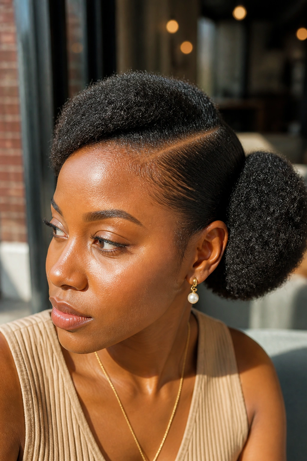 Close-up of a real woman with a side puff and deep part
