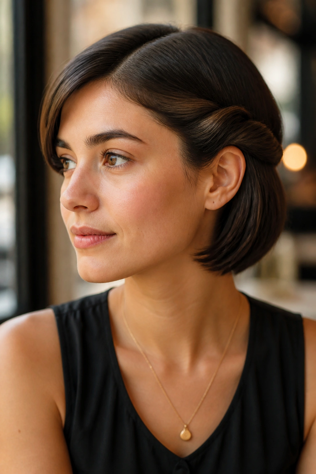 3/4 profile of a real woman with a side roll on a bob, pins hidden beneath the roll