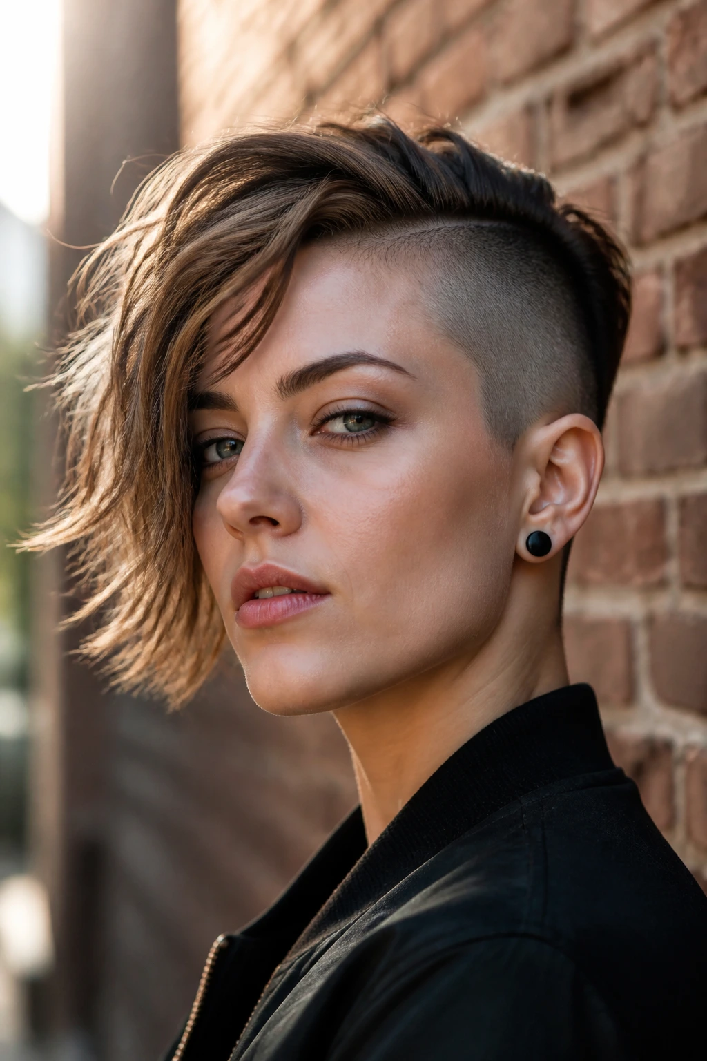 Close-up portrait of a real person with a side-shaved crop against brick wall
