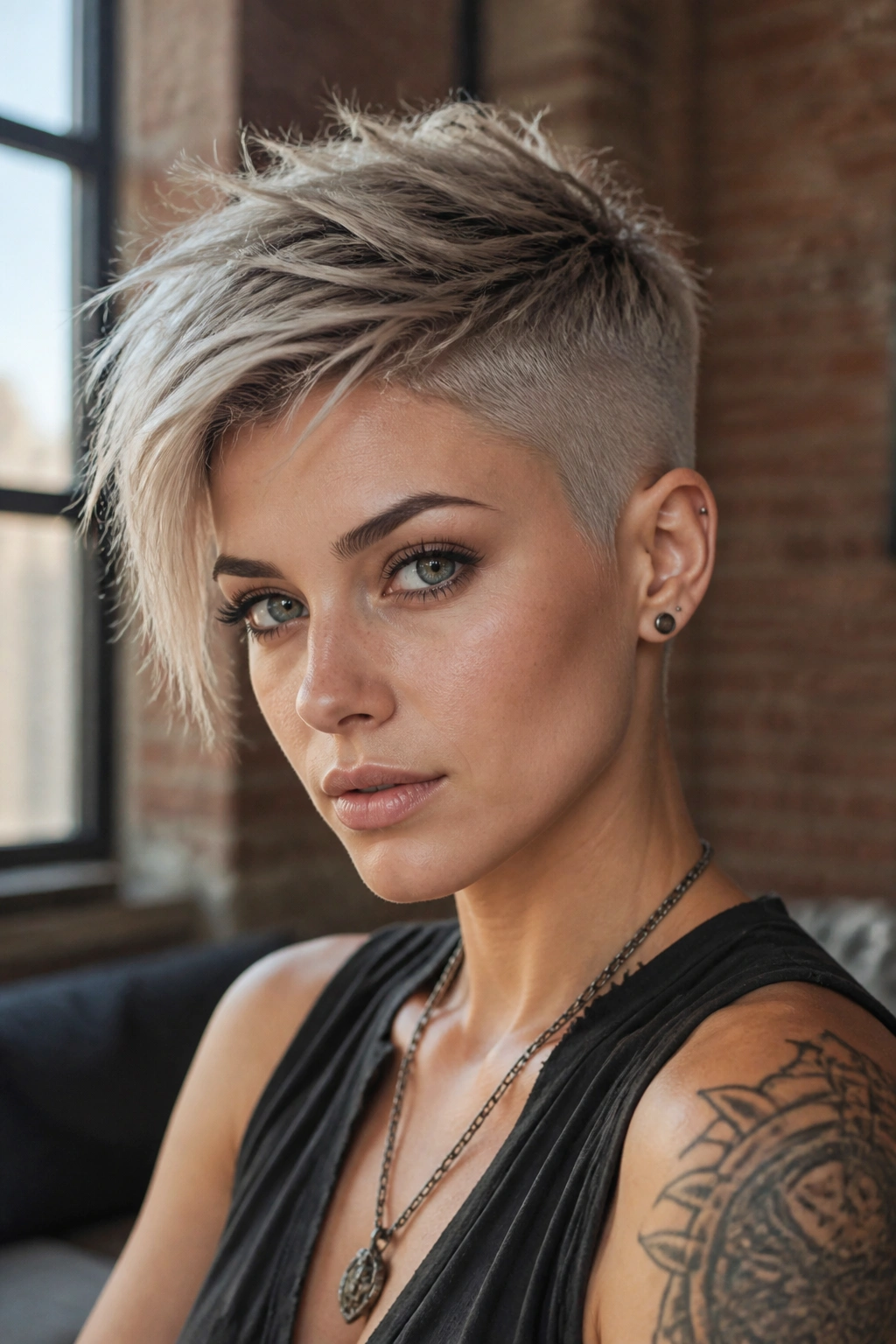 Close-up of a woman with a side-shaved pixie texture.