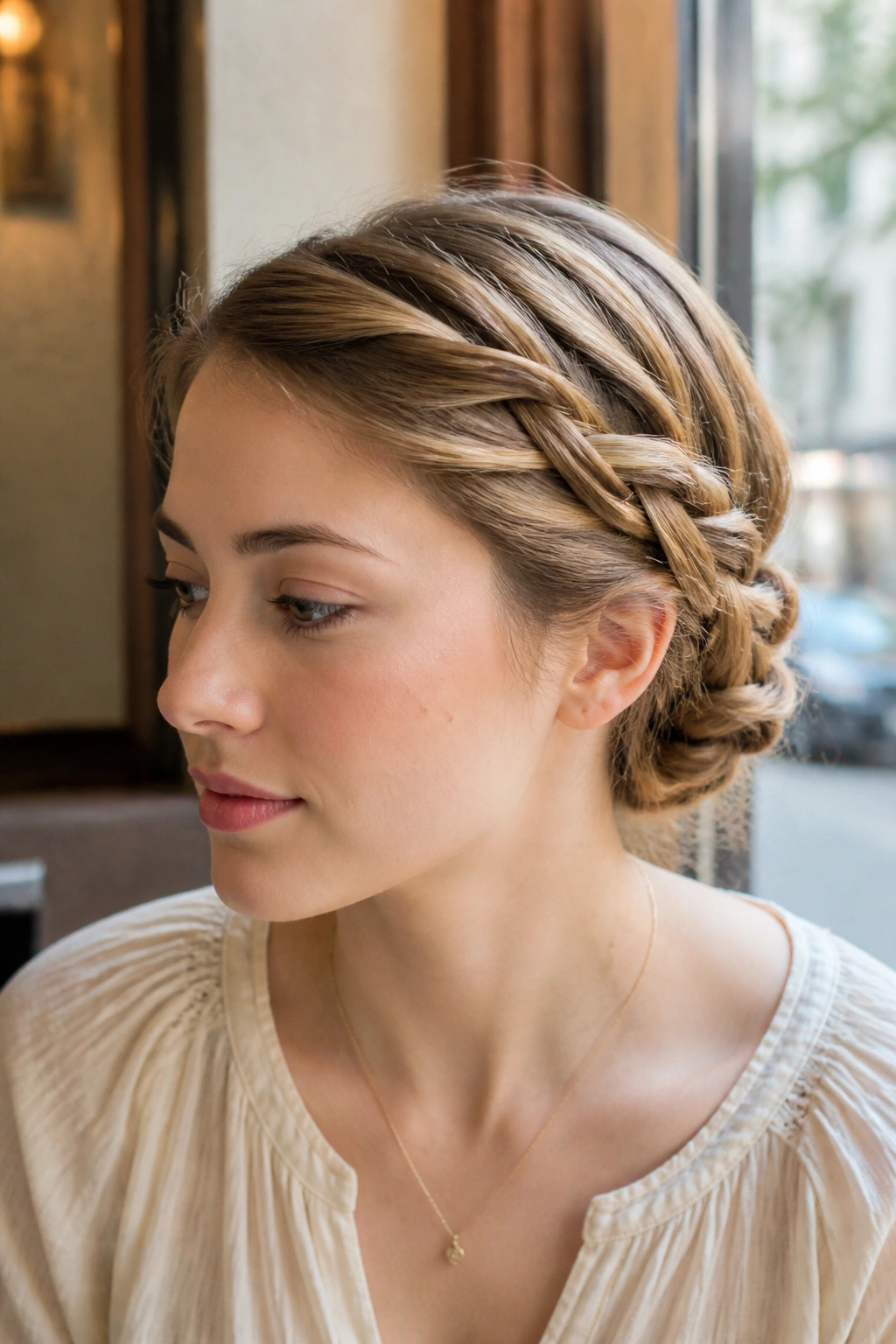 Real woman with tucked side-sweep braid behind the ear, profile view.