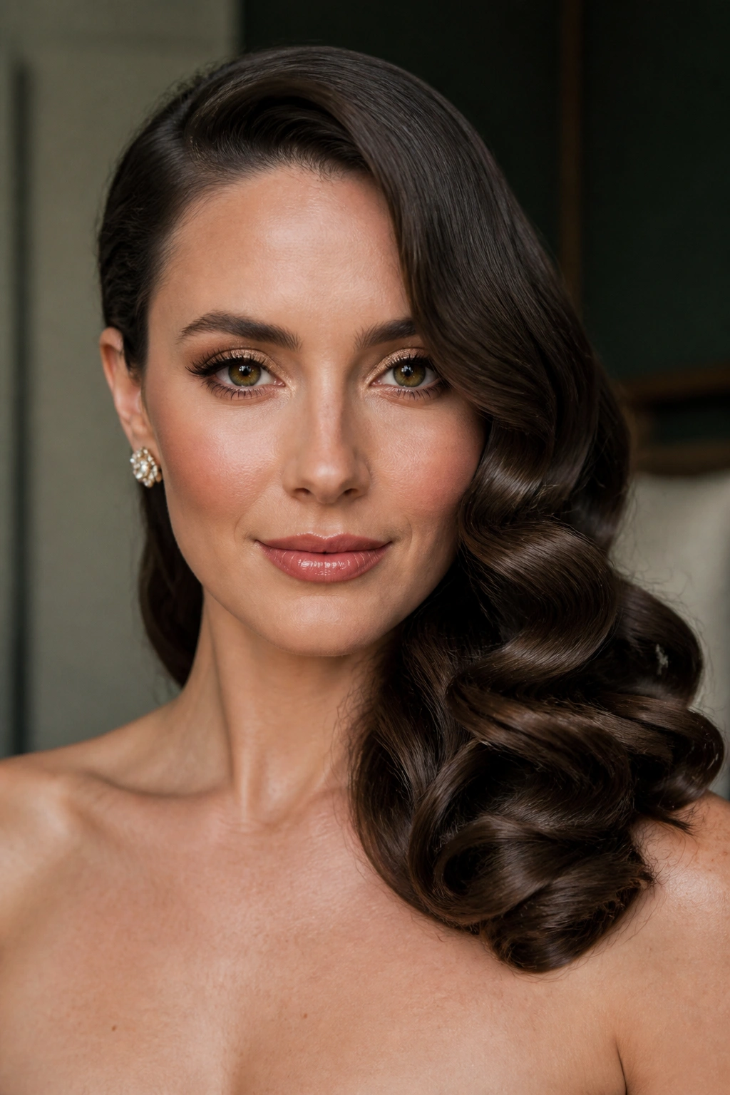 Headshot of a real woman with old Hollywood side sweep and glossy waves