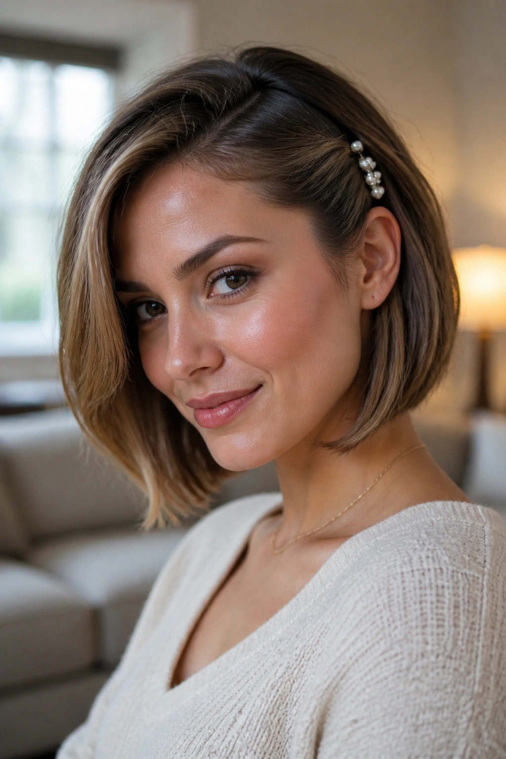 Close-up of a real woman with a side-swept hairstyle pinned with pearl pins