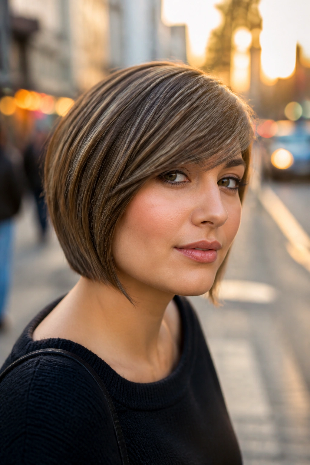 Close-up portrait of a real woman with side-swept angled bob skimming the brow