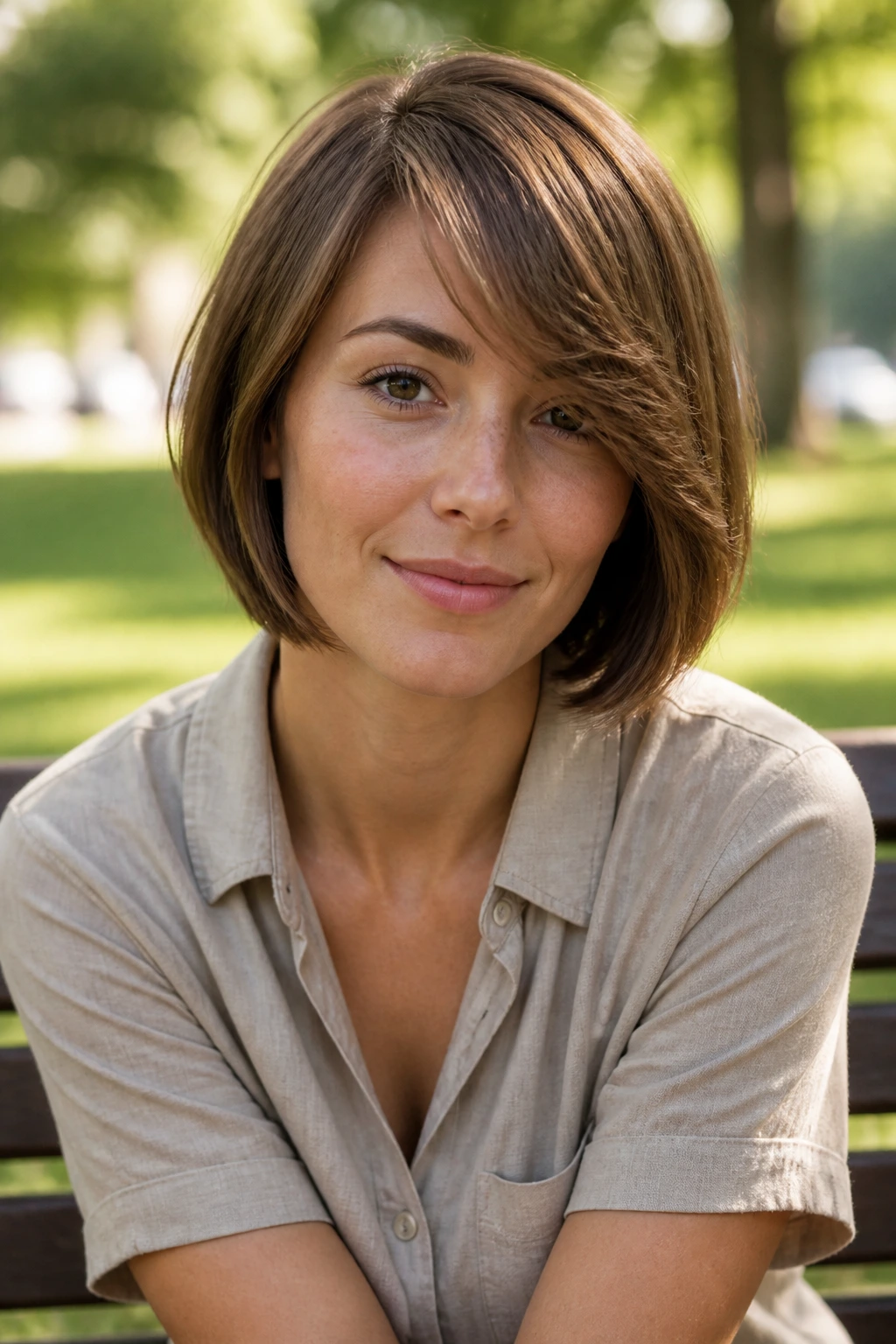 Portrait of woman with side-swept bangs bob outdoors on a park bench