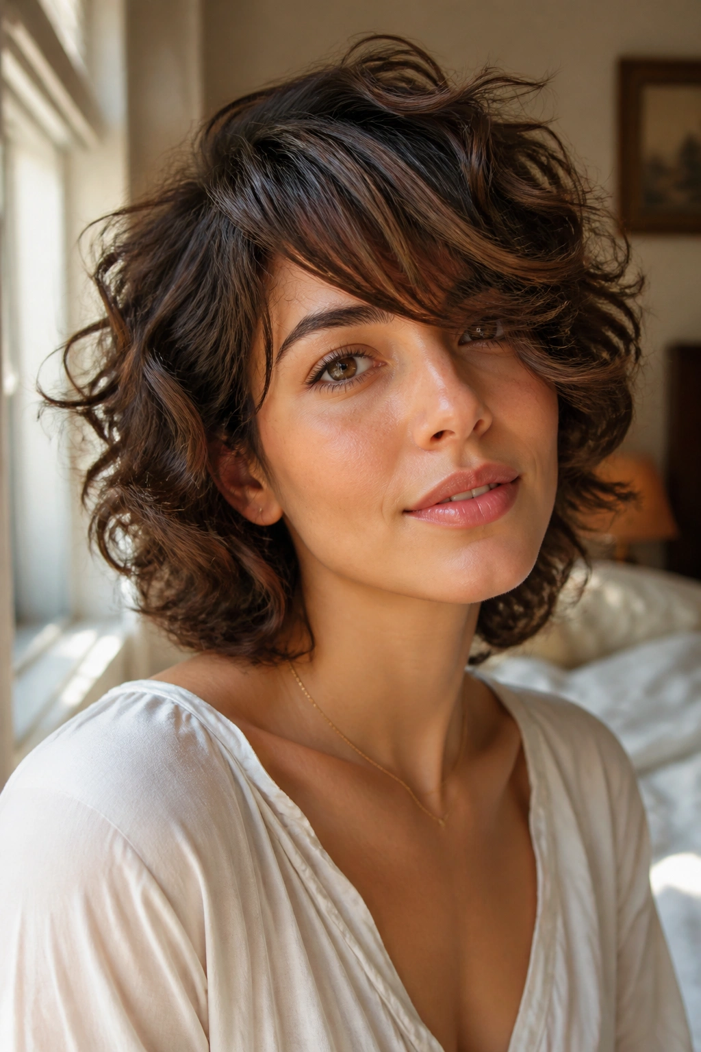 Portrait of a real person with side-swept bangs in a sunlit bedroom.