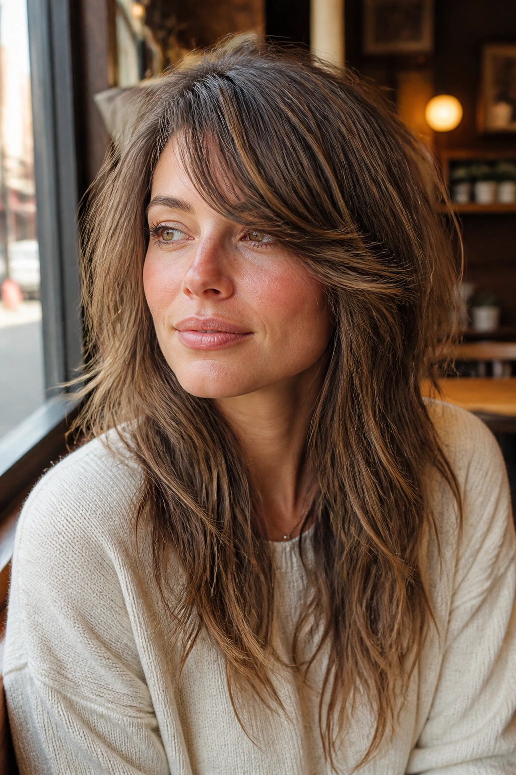 Real woman with side-swept bang long shag close-up