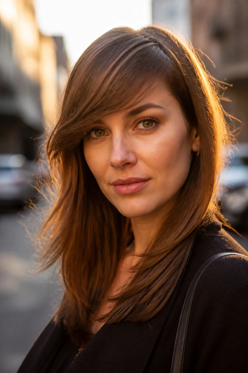 Real woman with side-swept bangs in golden hour outdoor setting