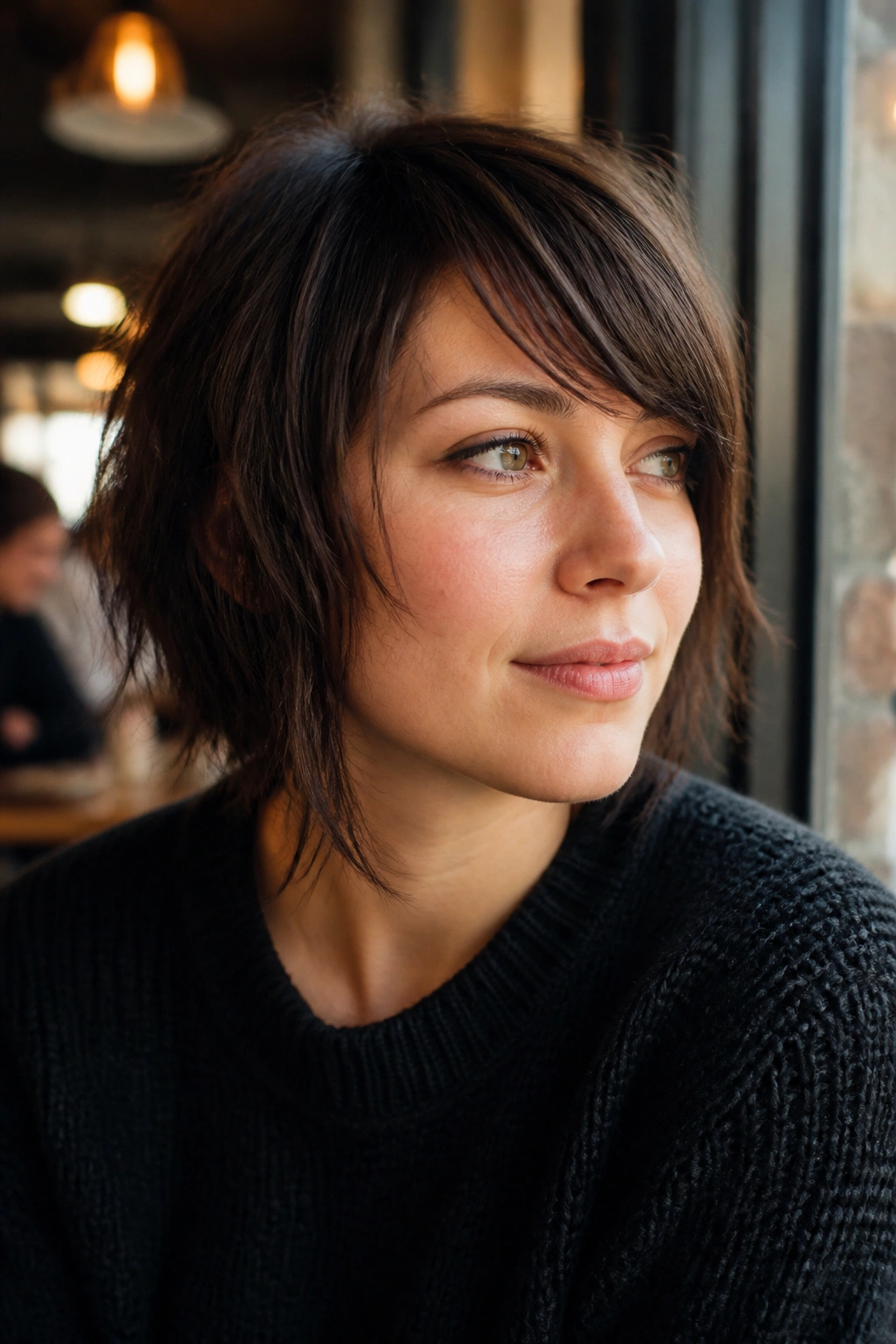 Close-up portrait of a real woman with side-swept choppy bangs