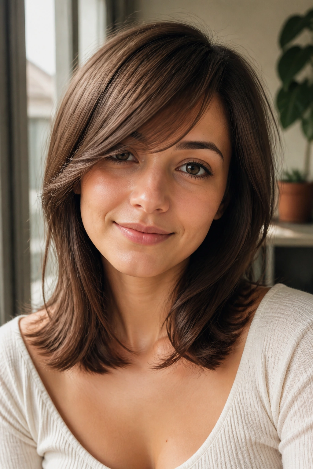 Real woman with collarbone-length hair and diagonal side-swept bangs