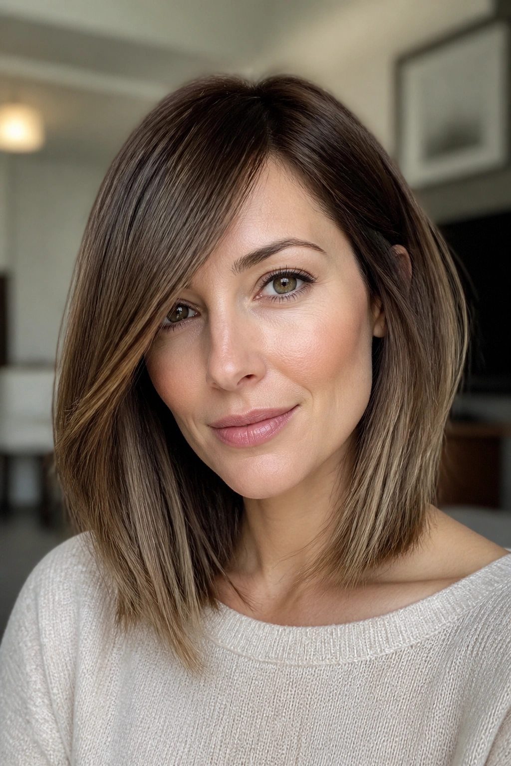 Close-up of real woman with side-swept bangs and collarbone-length lob framing the face.