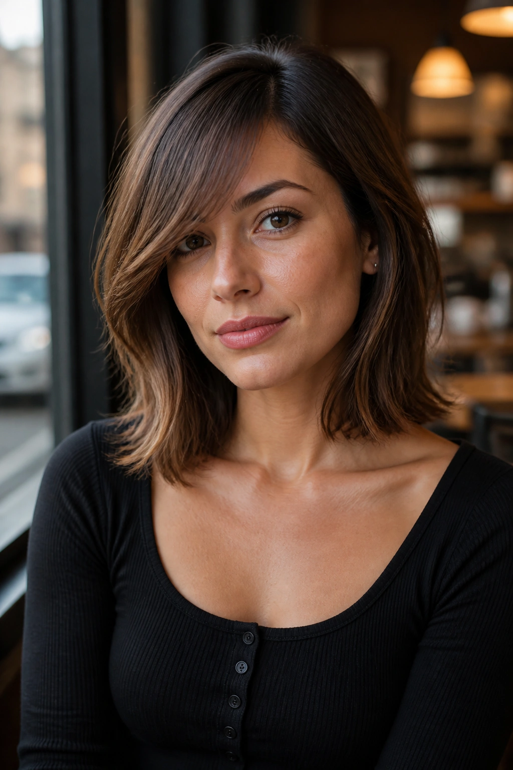 Portrait of a real woman with side-swept bangs and collarbone-length lob.