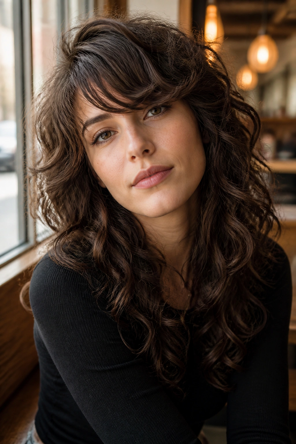 Portrait of real woman with long curly shag and side-swept bangs at a cafe window.