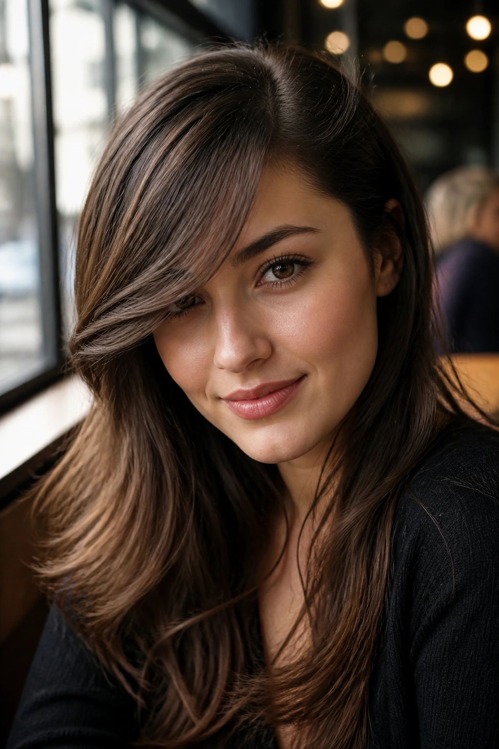 Real-person portrait with side-swept bangs and deep part in natural daylight.