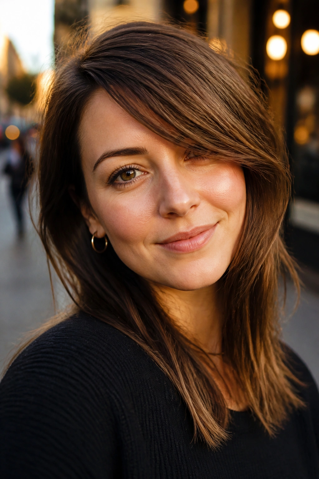Close-up portrait of a real person with side-swept bangs forming a diagonal line
